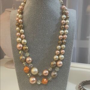 Japan Vintage double -Strand Faux Pearls signed on hook orange peach pink gold